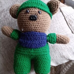 Handmade Green and Blue Crochet Bear Toy